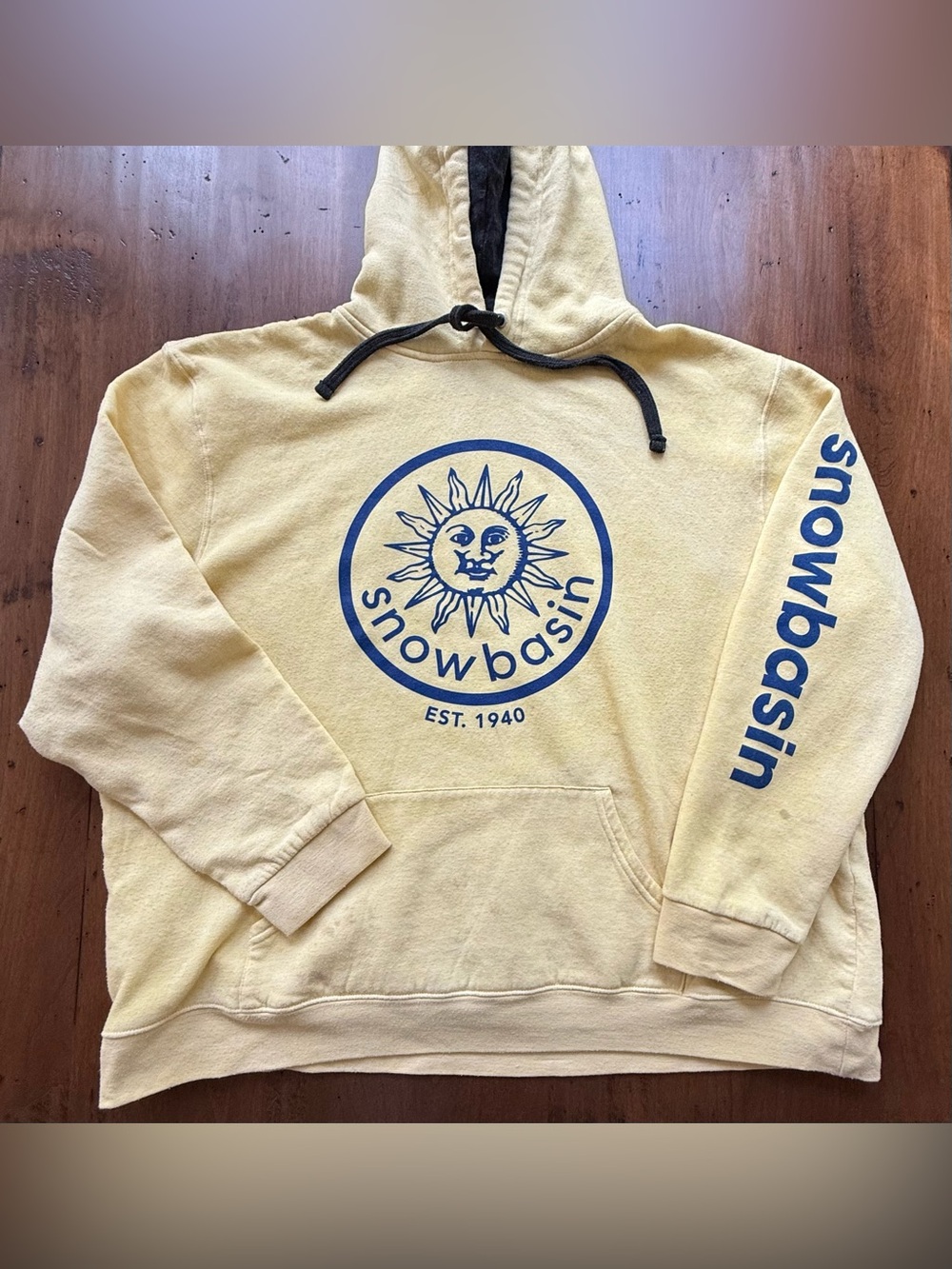Snowbasin Ski Área Utah Men's Yellow Hoodie with Navy Blue Vintage Sun Logo